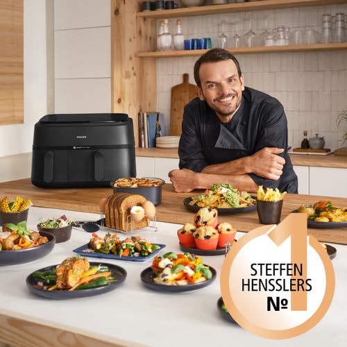 Philips Steam Airfryer 5000 Series Dual Basket - Airfryer & Dampfgarer in einem Gerät, 9L, RapidAir Plus Technologie, 19 Kochfunktionen, 90% weniger Fett, 2 Körbe, Dampfreinigung (NA550/00) – Bild 3
