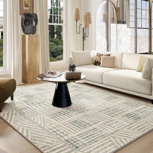 Image of Area Rug 6x9 Abstract Geometric Textured Brushstroke - Neutral Gray & Light Blue Modern Minimalist Area Rug, Decorative Carpet for Living Room Bedroom Home Decor