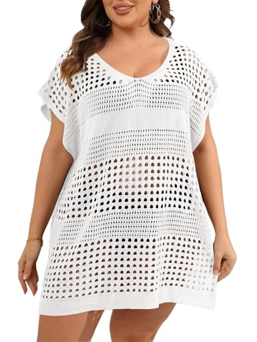 Women's Plus Size Crochet Cover Ups Swimwear V Neck Hollow Out Beachwear Tops
