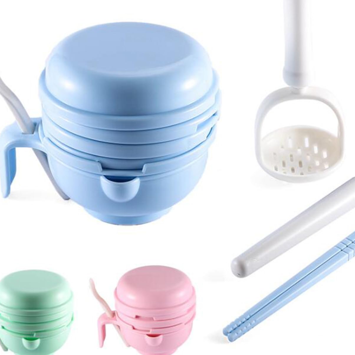 BESTonZON Set Baby Multifunctional Manual Grinder Bowl Spoon Complementary Feeding Tool Sky-blue Easy to