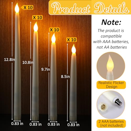 Image of 40 Pcs Flameless Taper Candles LED Battery Operated 12.8 inch 10.8 inch 9.7 inch 8.5 inch Fake Waxy Candle Flickering Taper Candlestick for Church Wedding Halloween Christmas Party Decor, No Battery(Ivory)