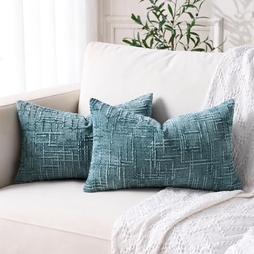 Housse Coussin 50x30 Décoratif Housse Coussin Rectangulaire Bleu Canard Chenille Moelleux Boheme Moderne Taie Oreiller 30x50 Lombaire Doux pour Décoration...