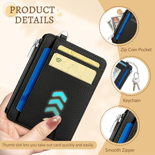 Image of Black Minimalist Credit Card Holder Small Wallet Women, Business Slim RFID | Keychain, Zipper Coin Pocket, Front Pocket Thin Travel Card Case, Minimalist, 6 Card Slots, 1 ID Window, Ladies Gifts Woman