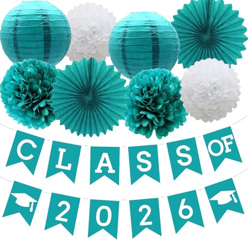 Image of Teal Graduation Party Decoration Class Banner Hanging Pom Poms Flowers High School College Grad Supplies