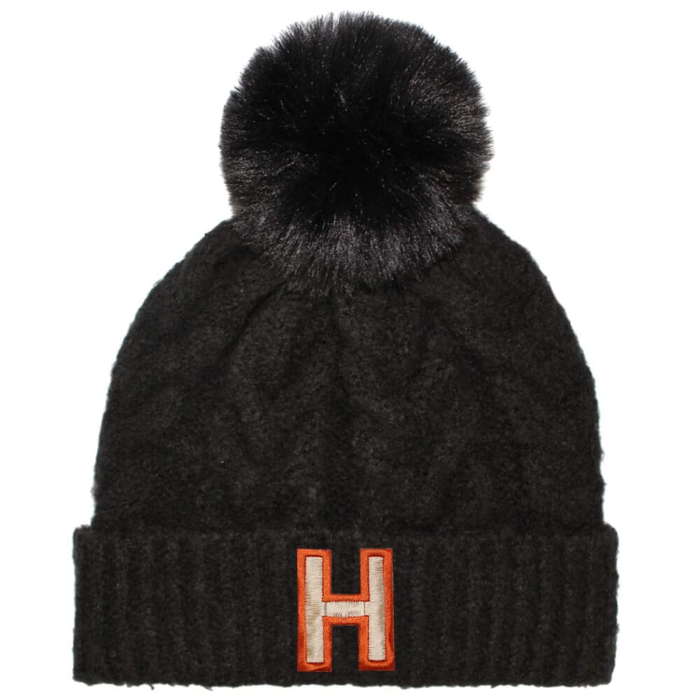 TeddyT's Personalised Girls Initial Soft Cable Knit Bobble Hat with Pom Pom (Jet Black)