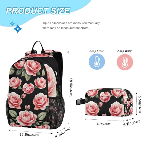 Backpack Watercolor Roses Black for School Boys Girls and Teens, Backpack for Men and Women, Lightweight Bookbag with Lunch Box Travel Laptop Daypack 18.5 x 11.8 In4