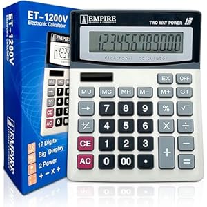 Empire Desk Calculator with Large Key Buttons, 12 Digits, Large Eye-Angled Display, Solar and Battery Powered for Home and Office (Battery Included)