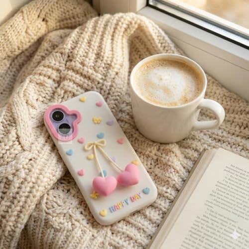Image of Cute 3D Cherry Heart Charm Phone Case for iPhone 17 Soft Silicone Protective Cover with Pastel Hearts and Bow Design Girls Case for iPhone 17