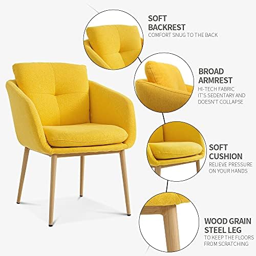 jiexi Modern Dining Chair, Padded Chair with Metal Legs for Living Room Leisure Bedroom Study, Lumbar Support Fabric Desk Task Chair with Armrests (Yellow)