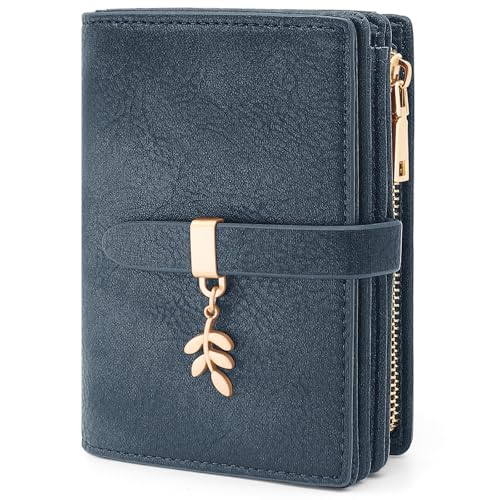 HNOOM Carteras de Mujer Cuero PU Monedero Muje Pequeñas Formato Corto Billeteras para Mujer Bloqueo RFID Cartera, Monederos Tarjetero con 19 Ranuras para Tarjetas y Monedero Cremallera (Azul)