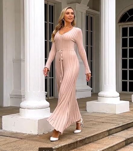 Image of Women's Long Knit Crewneck Sweater Dress Tie Waist A-Line Swing Pleated Bodycon