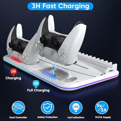 Image of Sounce Glacier Pad RGB PS5 Cooling Stand with Dual Controller Charging Station Vertical Stand with 5200RPM Cooling Fan, RGB Lights Compatible with PS5 Disc /Pro /Digital /Slim Consoles (White)