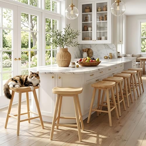 Image of HNY Backless Counter Height Bar Stools Set of 4, 24'' Rustic Farmhouse Wooden Saddle Stools Ergonomic-Seat Bar Chairs, Bar Height Barstools for Kitchen Counter Island, Natural