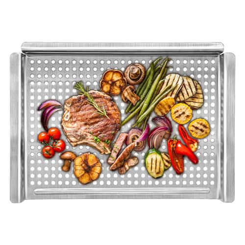 PAXLINSEN Grillkorb, Grillschale mit gelochtem Boden zum Grillen von Gemüse und Fleisch, 45 x 30 cm Grillschale Edelstahl sind Grillzubehör für Gas-, Elektro- und Kohlegrill