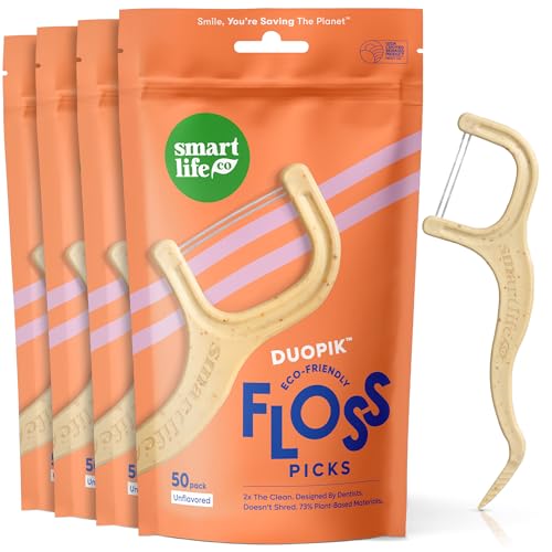Image of SmartLifeco Eco-Friendly Dual-Thread Dental Floss Picks (200ct) - Flossers Made with Straw Wheat Blend, Superior Anti-Shred for Tight Gaps, Tooth Pick Stick for Adults, Soft on Gum & Teeth, Unflavored