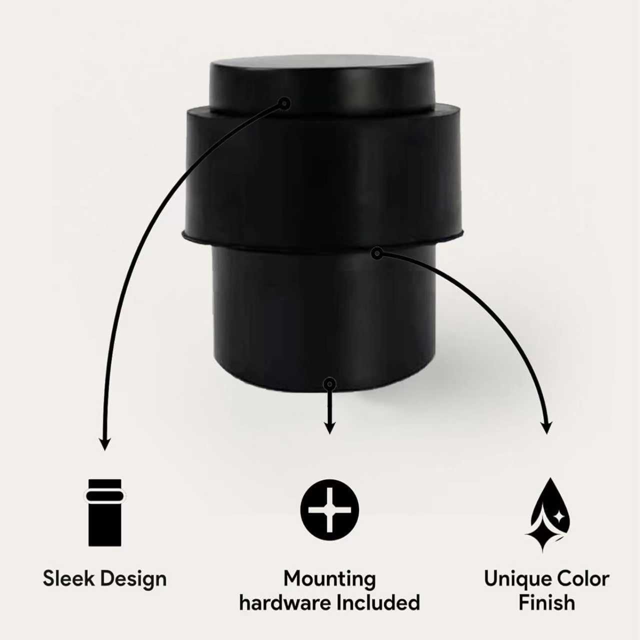KHTUMEWARE 3801 cylindrical floor door stop dimension diagram, 1-1/2 in (38 mm) overall height, 1.38 in (35 mm) max diameter, Matte Black.