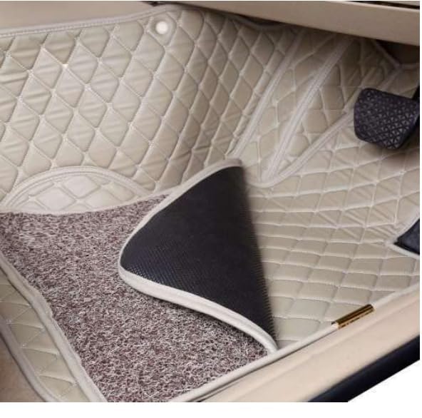 Image of CAPEDELL 7D Premium Car Floor Mat Compatible with Mahindra 7XO ||Luxury Leather Double Layered Mat||Set of 4pcs||Waterproof and Washable||Colour:-Beige with Golden