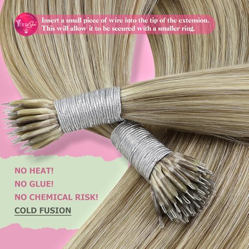 Image of YoungSee Nano Ring Hair Extensions Brown Highlight Nano Bead Hair Extensions Human Hair Light Brown Highlight Platinum Blonde Nanos Hair Extension Lightweight Hair for Wedding 20 inch 50 Strands 50g