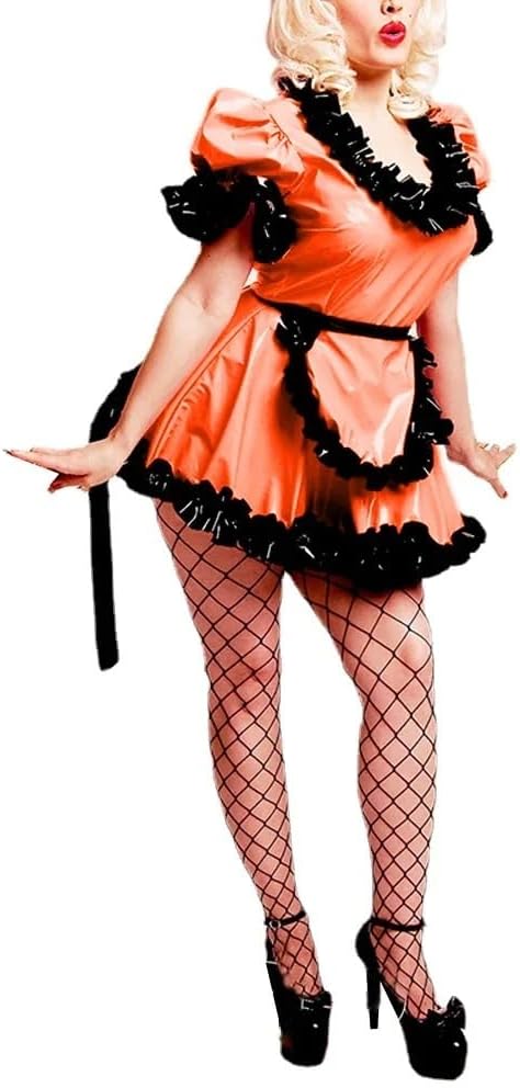 Scoop Neck Puff Short Sleeve Pleated Dress Maid Uniforms with Apron Shiny PVC Leather Cosplay Costumes