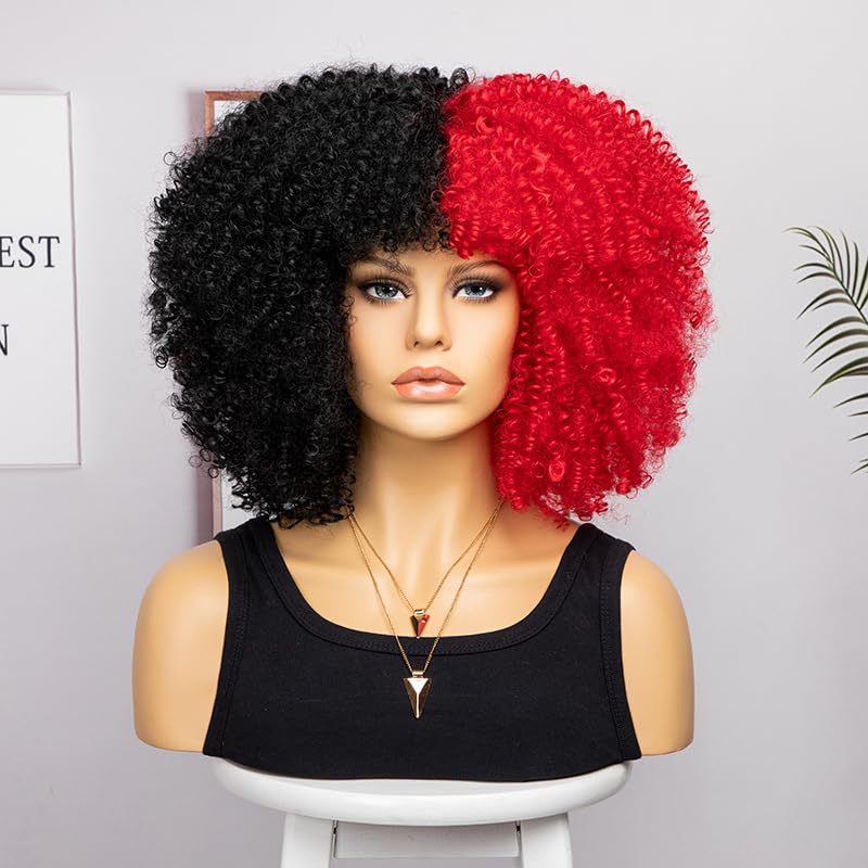 Fashion Afro Curly Wig Synthetic Short Full Wig Women Wig For Halloween Party Christmas Costume Wig (Black Red)