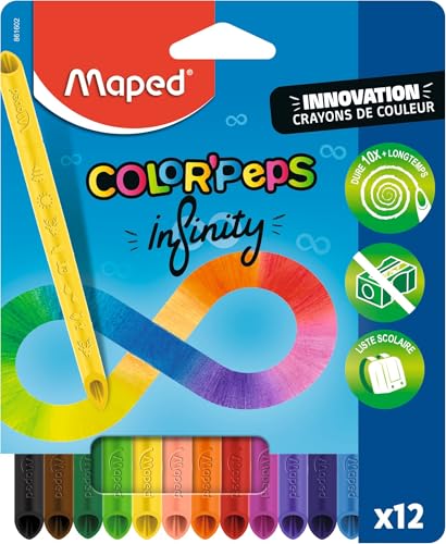 Maped - Crayons de Couleur Color'Peps Infinity - 100% Mine, 100% Utilisable - Zéro Déchet - Sans Taillage - Dure Très Longtemps - Forme Triangulaire Ergonomique -...