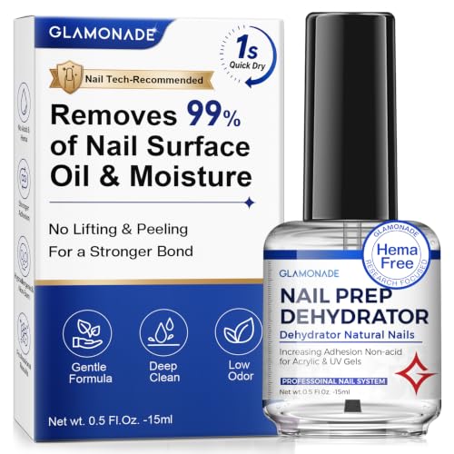Glamonade Anti-Lifting Nail Prep Dehydrator: Acid-Free Dehydrate for Acrylic Nails and Gel Nail Polish | 15ml Fast Dry Hema-Free Primer Bonder Supplies