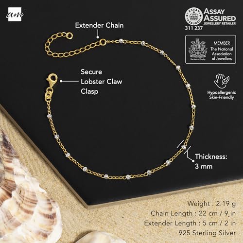 Image of Amberta Italian Sterling Silver Anklet for Women 925 | Adjustable Ankle Bracelets for Women Beaded Heart Summer Jewellery