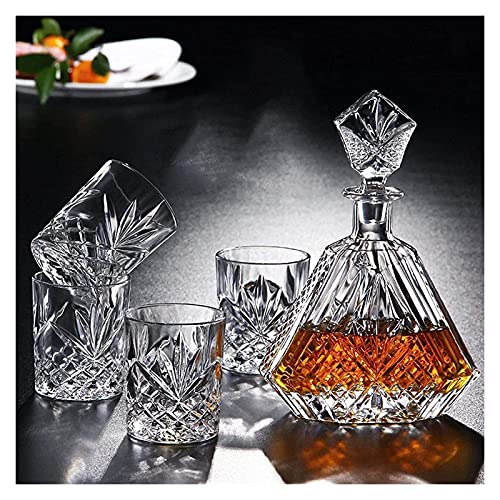 HAOKTSB Glaskaraffe Persönlichkeit Wein Dekanter und Gläser Set Kristallglas Whisky Dekanter Set Geschenke for Männer, Diamant Whisky Dekanter mit Vier Gläsern und Stopfen Karaffe Cover