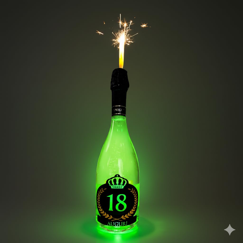 Swart Bottiglia Luminosa 0,75L (1 Bottiglia) – Spumante Made in Italy con Luce LED Multicolor ed Etichetta Personalizzata 18 Anni – Idea Regalo Compleanno Instagrammabile
