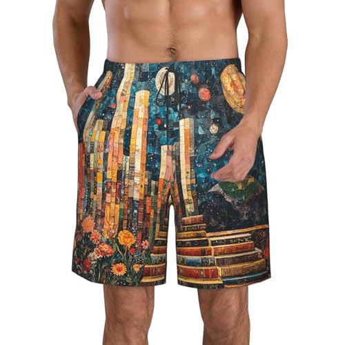 Men's Swim Trunks Beach Board Shorts Swimming Quick Dry - Library Bookshelf Hippie Vintage