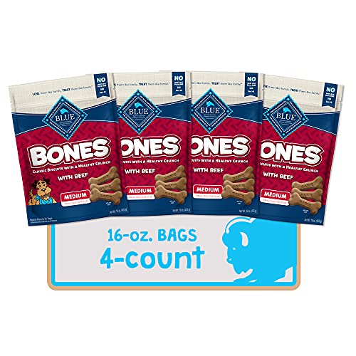 Blue Buffalo Bones Beef Medium Dog Biscuits, 16 oz, 4 ct | Real Beef First, Classic Bone-Shaped Biscuit, No BHA, Meat & Bone Meal, or Artificial Preservatives - image 1