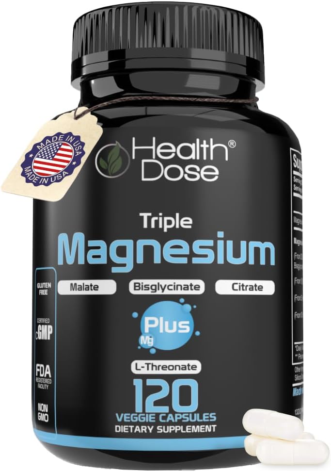 Health Dose Triple Magnesium Complex 1000 mg | L-Threonate, Bisglycinate, Citrate & Malate Blend | Support for Muscle Relaxation, Sleep & Cognitive Function | 120 Capsules | All-in-One Formula
