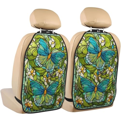 Stained Glass Lime Mint Green Butterflies Car Seat Back Kick Protectors,2 Pack Kick Mats With Storage Pockets For Vehicles To Protect From Dirt Mud Scratches