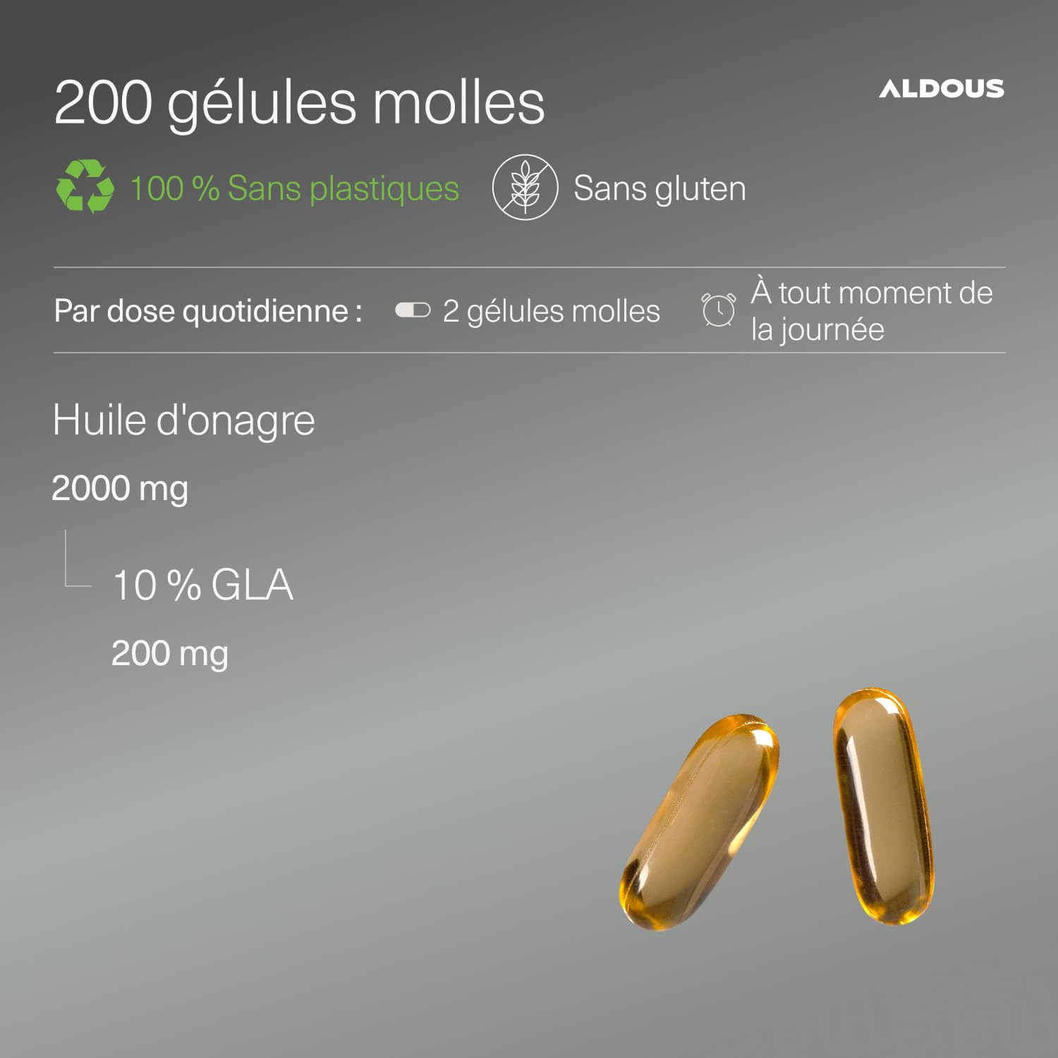 Huile d'onagre Perles 2000 mg avec 10% de GLA 200 mg - 200 gélules molles - Symptômes menstruels Régulateur hormonal féminin - Bien-être et fertilité de la femme - Oméga 6 - Aldous