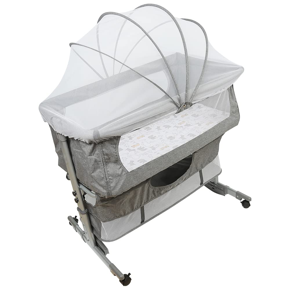 HUOLE Cuna de Colecho para Bebé con Colchón, Función de Mecedora, Lateral Abatible, Altura Ajustable, Panel de Malla, Ruedas y Bolsa de Viaje 0-6 Meses (93 * 57 * 71-88cm-gris Oscuro)