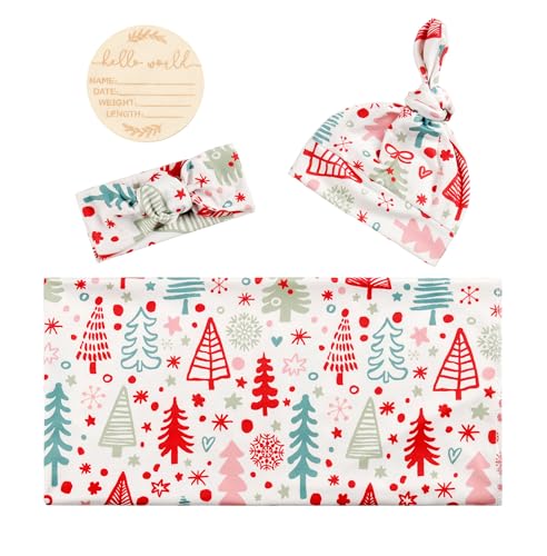 Image of Newborn Swaddle Blanket Set, Headband and Beanie | Polyester, 1-piece set, receiving and swaddle blanket, Red Cartoon Christmas, matching headband, matching beanie