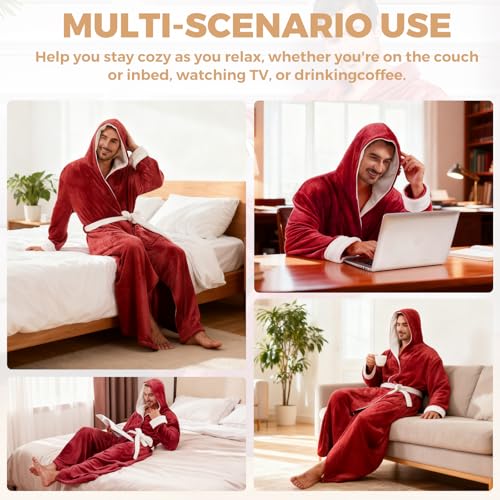 Image of FashGudim Mens Robes Big and Tall with Hood Two-Tone Flannel Fleece Contrast Bathrobe Full Length Plush Long Robe House Coat
