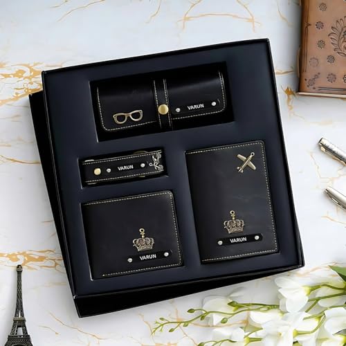 Image of Thebaegift Personalized Name & Charm Leather Wallet Mens Combo Giftset | Customized Birthday Anniversary Wedding Engagement Office Gifts for Man| Gift for Men| Fathers Day Gift for Dad Father