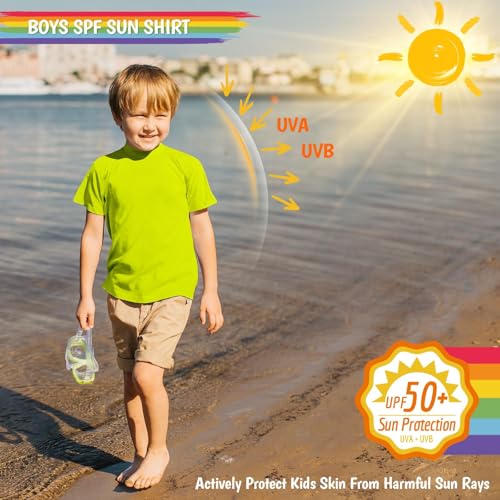 Boys Swim Shirts Short Sleeve Rash Guard Sun Protection UPF 50 T Shirts Rashguard Swimwear Fishing Water Tee Quick Dry Cool Beach Clothes for Toddler Youth Kids Neon Yellow Size 10-122