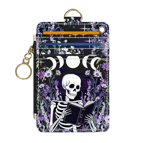 Image of Slim Wallet Credit Card Holder,The Reading Skeleton, RFID Wallet Women Cute Small Front Pocket Wallet With Zipper, PU Leather Thin travel RFID Blocking Card Case ID Window,Ladies Gifts