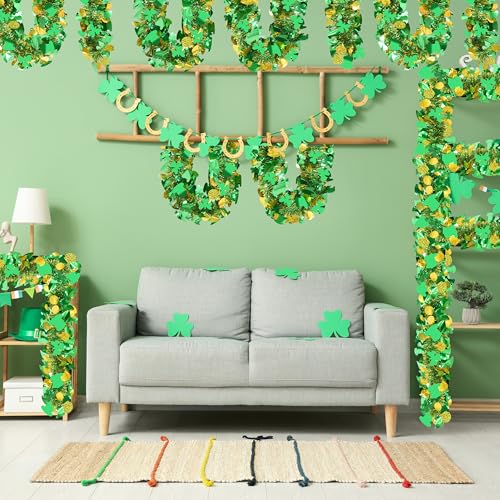 Image of Palonu 50FT St. Patrick's Day Tinsel Garland Green Shamrock Gold Coins Metallic Tinsel Twist Garland for Irish Saint Patricks Day Party Home Decor Indoor Outdoor Decoration