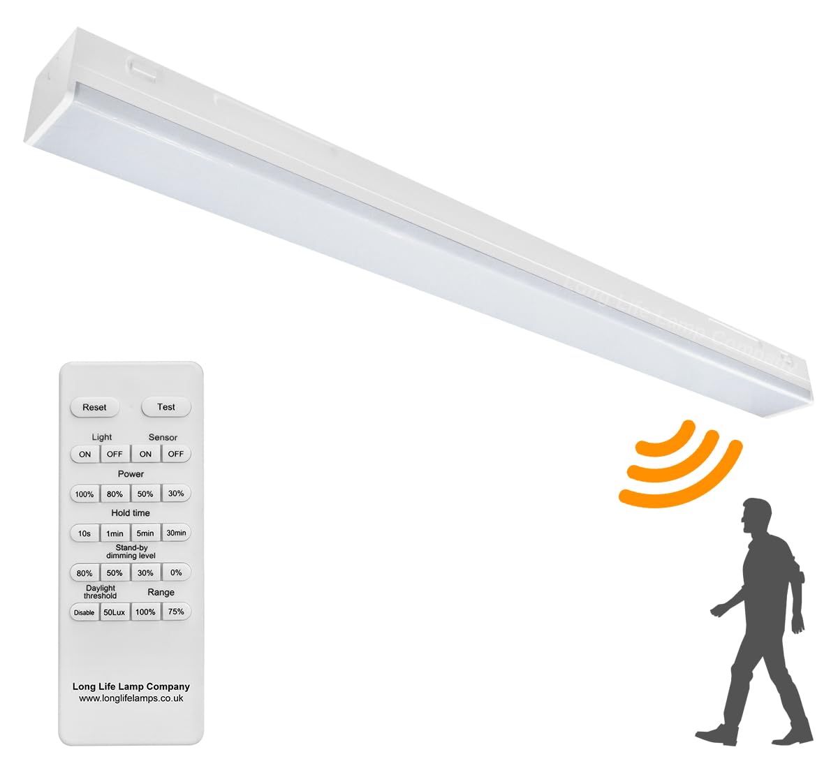 Long Life Lamp Company Cool White 40W Led Microwave Sensor Ceiling Batten Light Fitting 4 Feet Remote Control Dimmable 6500K Msbl40