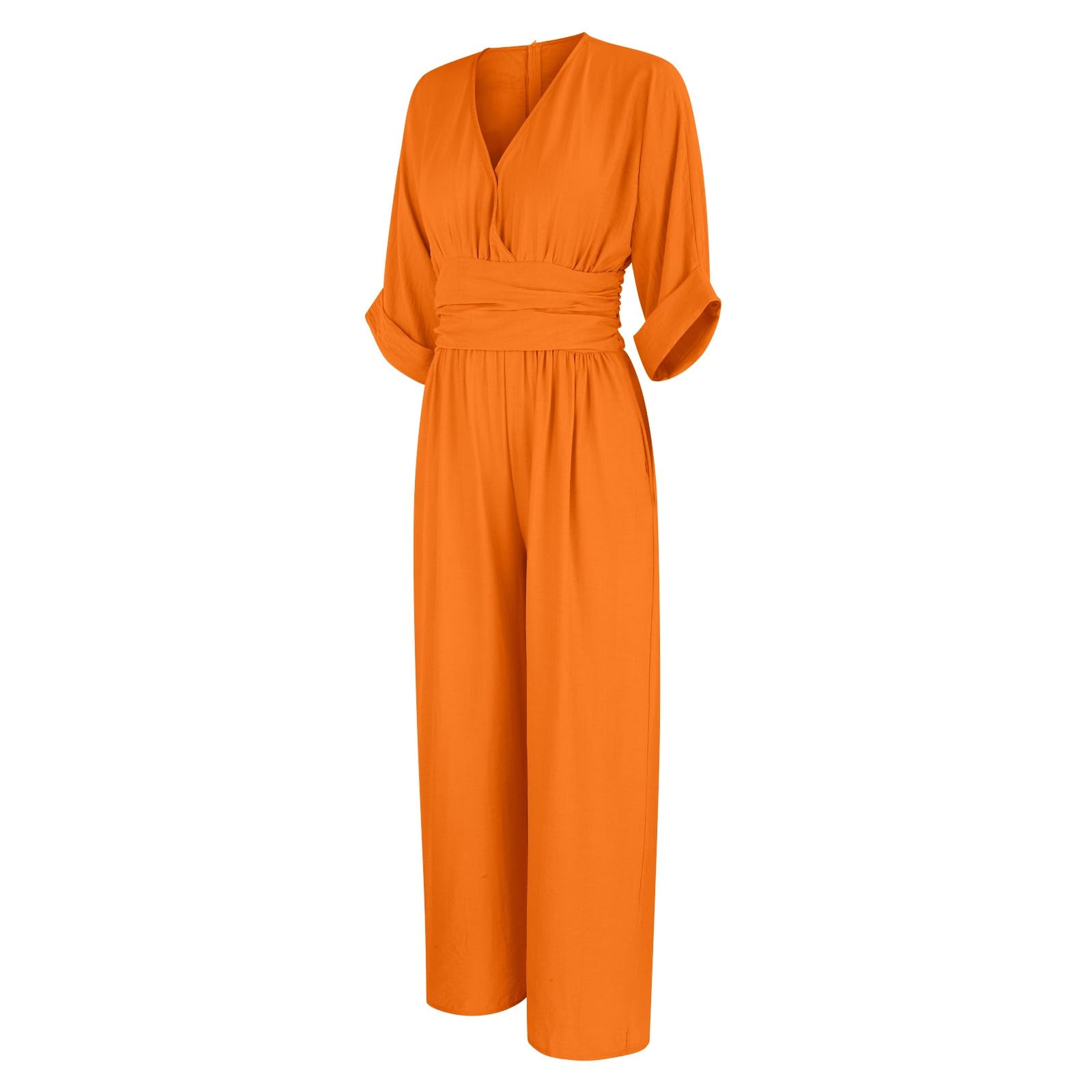 Generisch Tuta da donna elegante, taglie grandi, tuta intera a mezza manica con scollo a V, tuta sciancrata, tuta lunga a gamba larga, tinta unita, tuta intera in mussola per matrimoni e feste