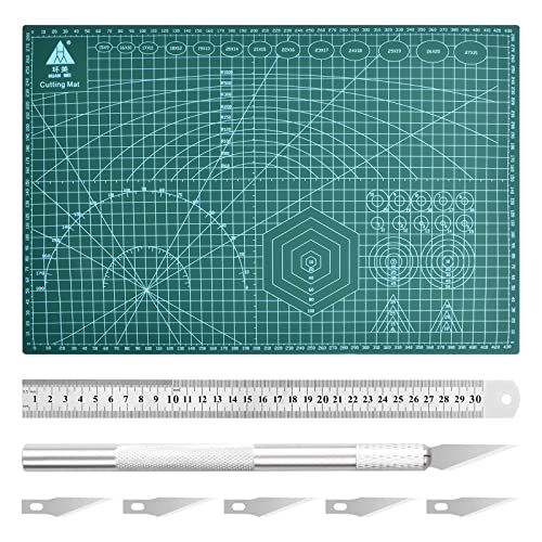 Xzeemo Base de Corte A3 Doble Cara, Alfombrilla de Corte Autorregenerable, Cutting Mat Set, con Escalpelo de Manualidades, 6 Cuchillas y Regla de Acero, para Costura y Patchwork (A3, 45x 30cm, Verde)