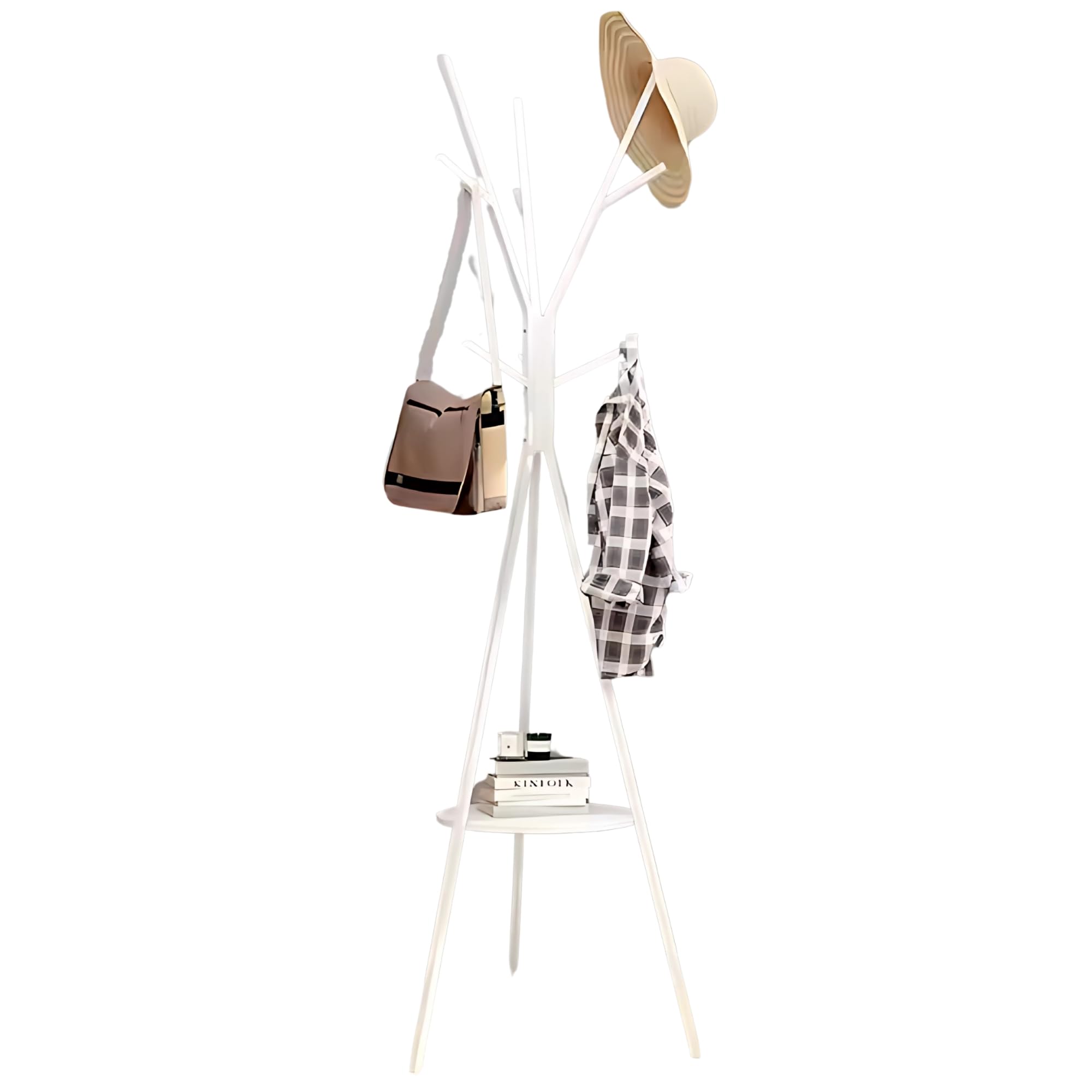 Appendiabiti da Terra Design Moderno, 180 cm, 9 Ganci, con Ripiano, Struttura in Metallo (Bianco)