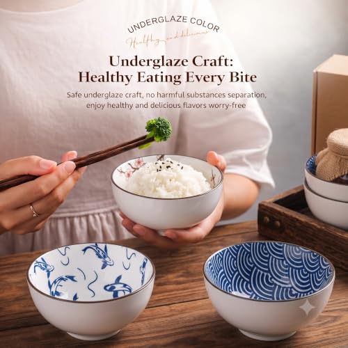 Image of Premium Ceramic Bowl Japanese Style Porcelain Rice, Soup & Dessert Bowls - Assorted Floral & Wave Patterns - Microwave & Dishwasher Safe - Gift Box Packaging(Blue & White Printed, Pack of 4)