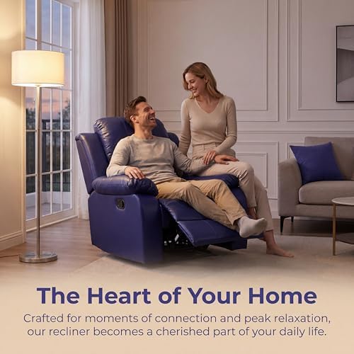 Image of Single Leather Manual Recliner Chair, Oversized Lazy Boy Recliner with Home Theater Seating, Breathable Living Room Reclining Chair for Adults Reading, Gaming, Relax, Dark Blue