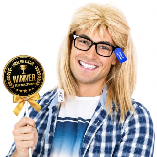 ALLAURA Compatible with Garth Wig – Blonde Mullet Wig + Black Glasses for Men – 80s 90s Rocker, Punk, Heavy Metal Costume – Funny Halloween Couples Outfit, Party Cosplay, Garth &amp; Wayne Duo Look