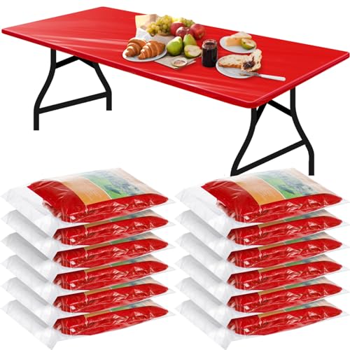 Image of Boao 12 Plastic Elastic Fitted Tablecloths, 6 Ft, 72 x 30 Inch, Red