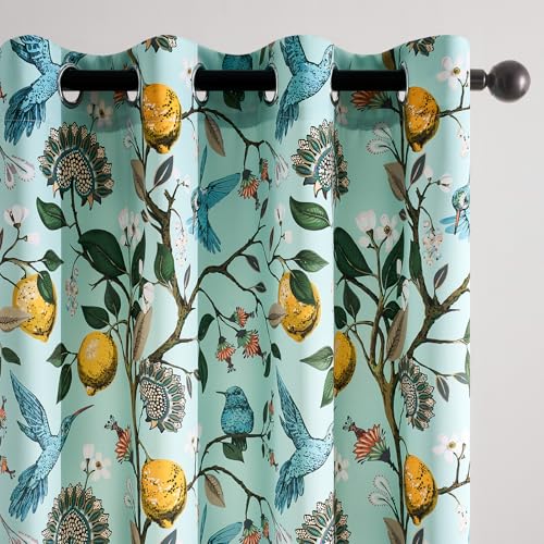 Image of Topfinel 90 Inches Long Curtains Mint Green Whimsical Woodland Leaf Jungle Flower Hummingbird Victorian Grommet Thick Sage Green Curtains for Balcony Sliding Glass Office Bedroom Living Room